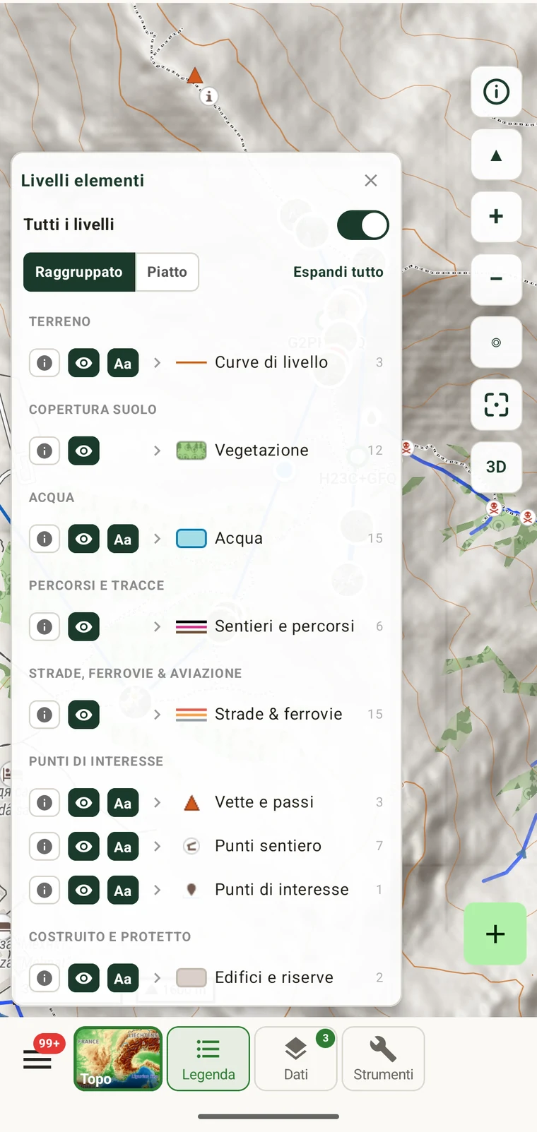 Legenda degli elementi che mostra copertura del suolo, tipo di sentiero, quota della curva di livello e toponimo per un punto toccato
