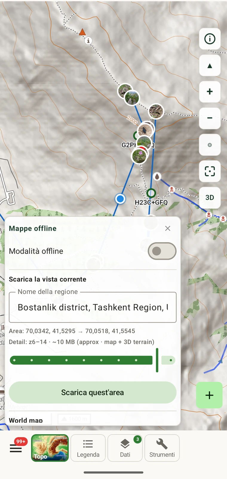 Pannello delle mappe offline con una regione denominata pronta per il download