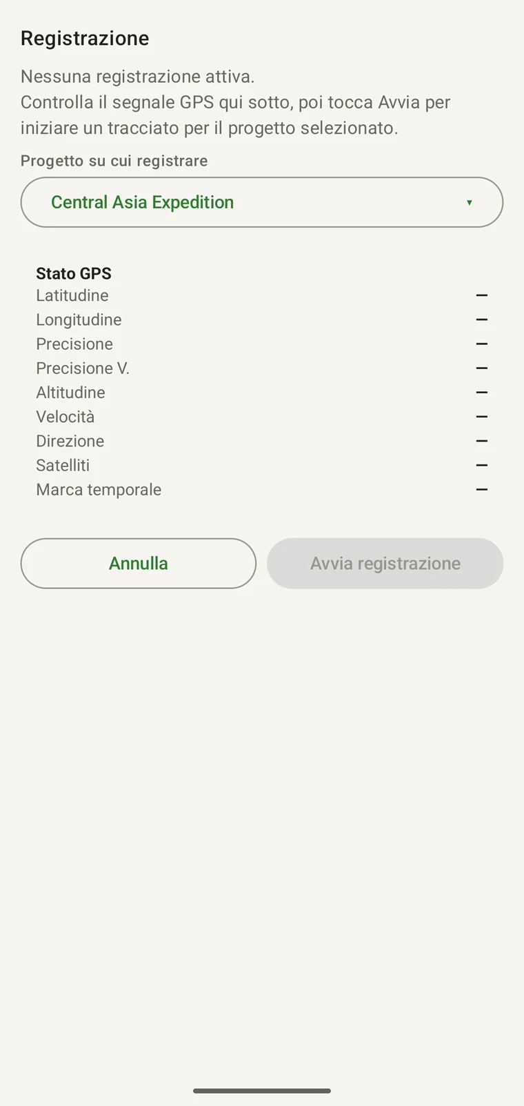 Schermata di registrazione con i campi di stato GPS e il pulsante Avvia registrazione