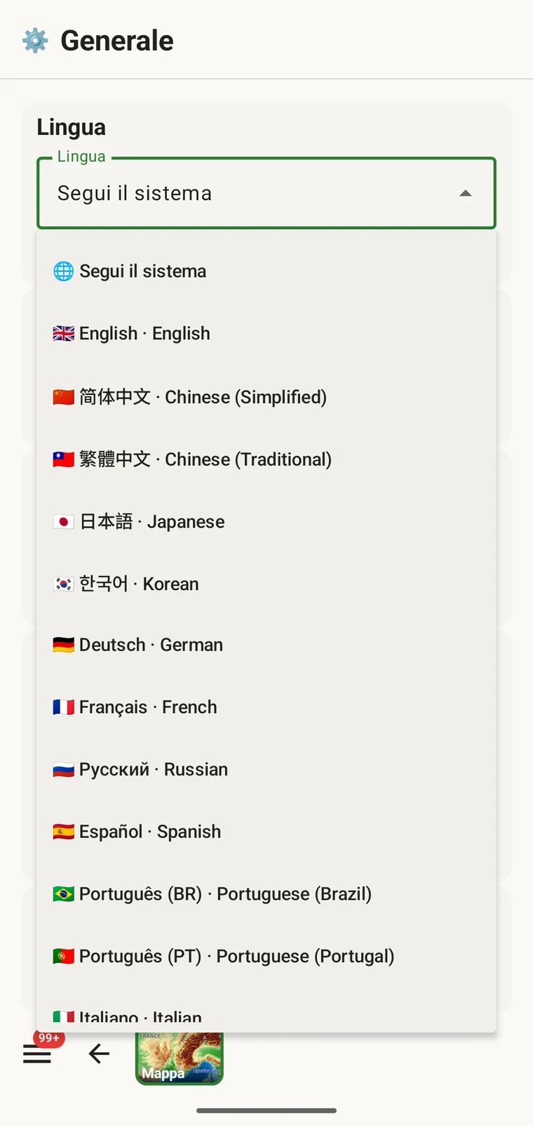 Selettore della lingua con le lingue disponibili, ciascuna scritta nella propria lingua