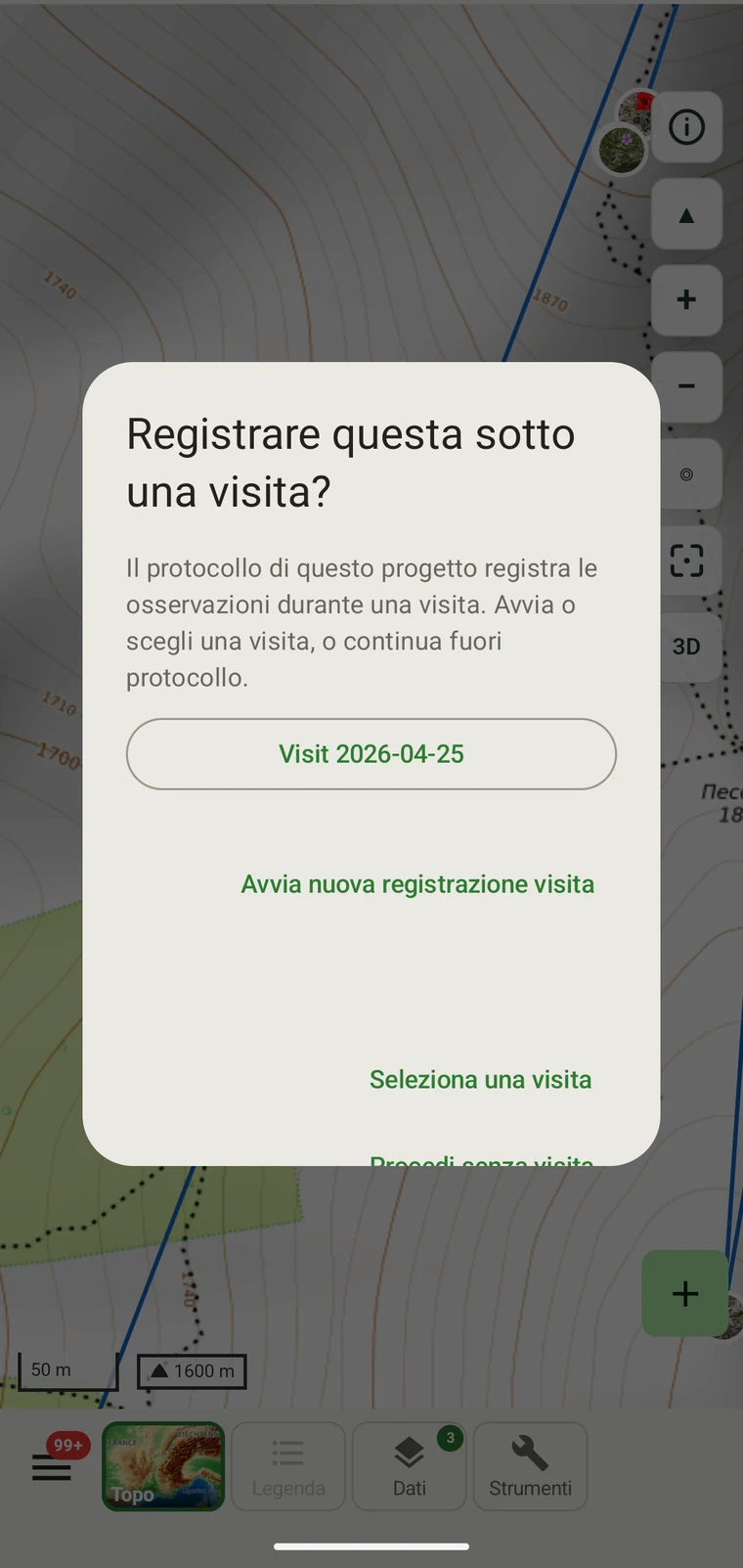 Selettore delle visite che mostra le visite disponibili e un pulsante Procedi senza visita