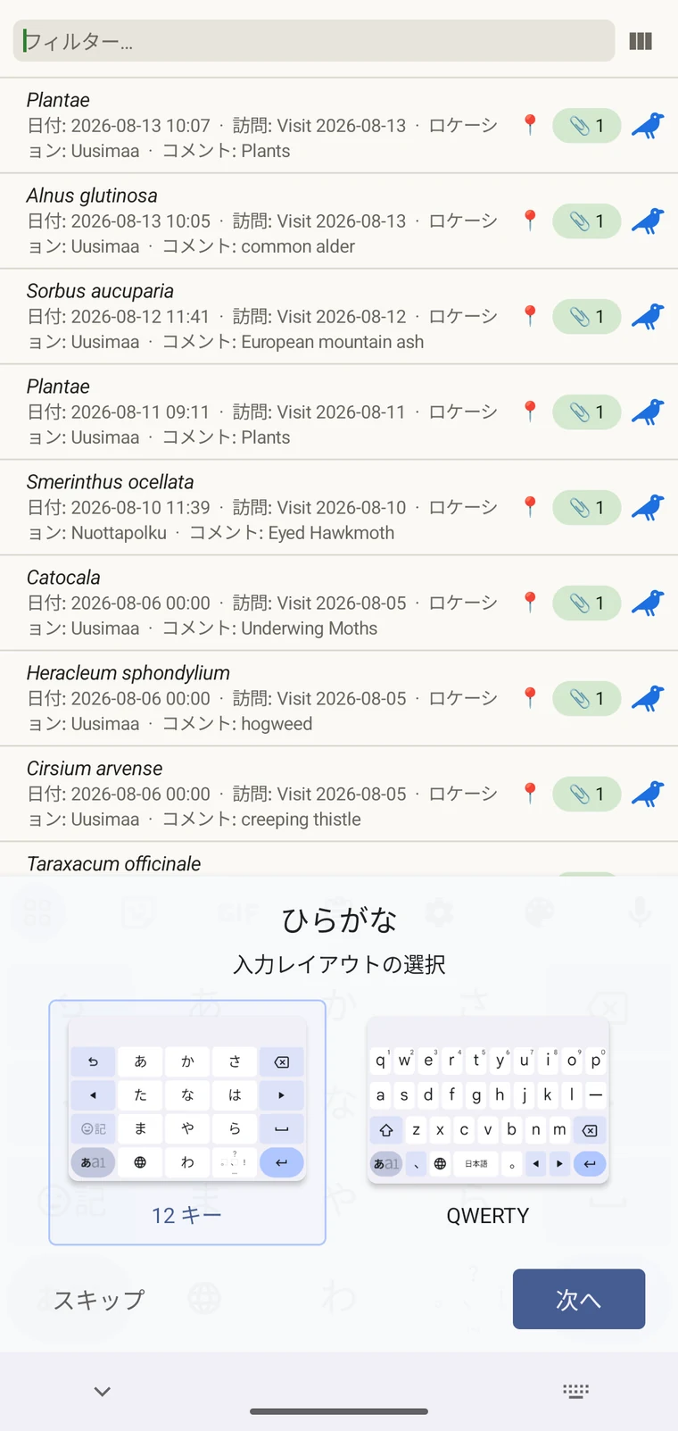 Observation list filtered by typing a date into the filter box above the list