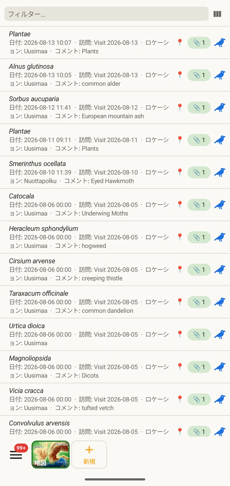 分類群、日付、その他選択した列とともに複数のレコードを表示した観察記録リスト