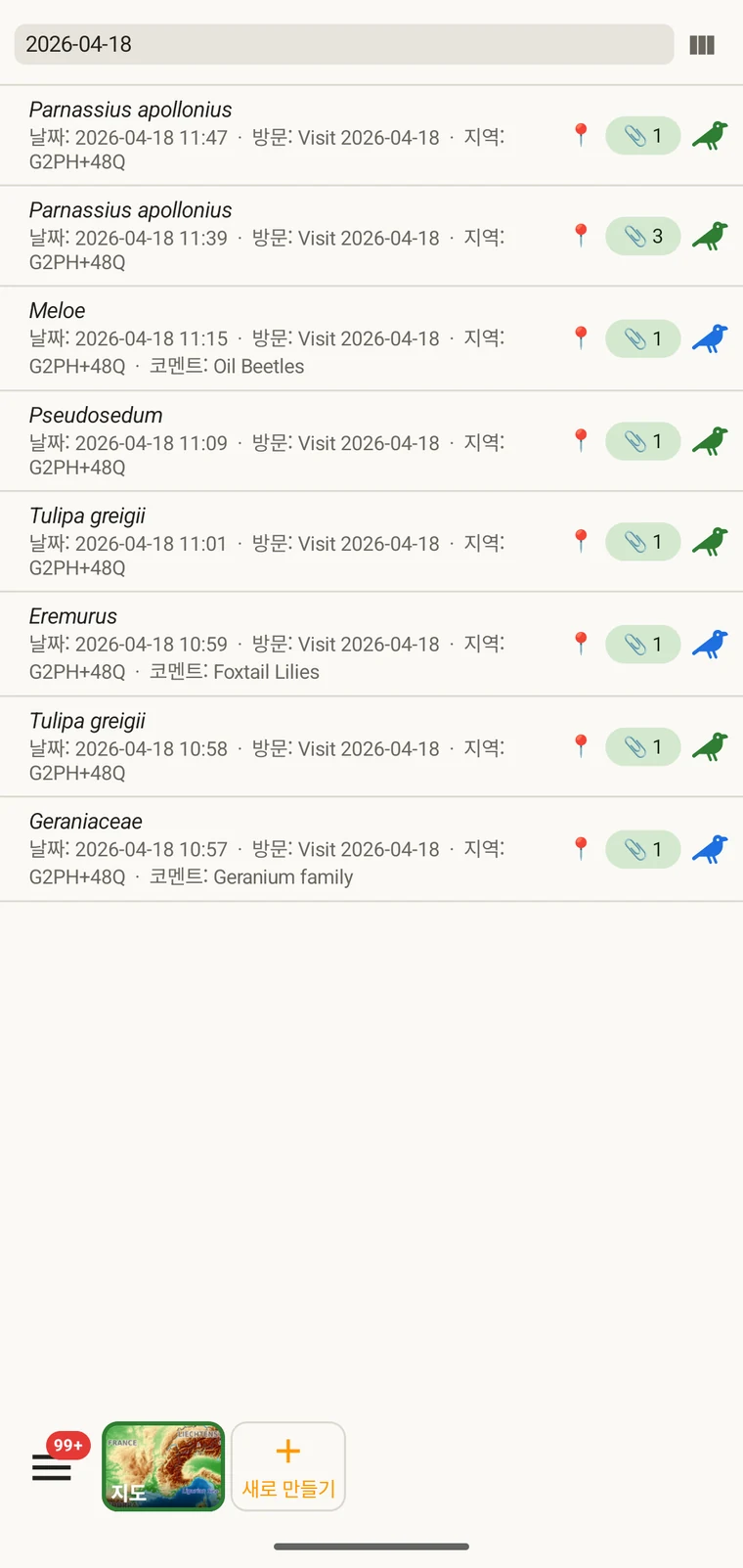Observation list filtered by typing a date into the filter box above the list