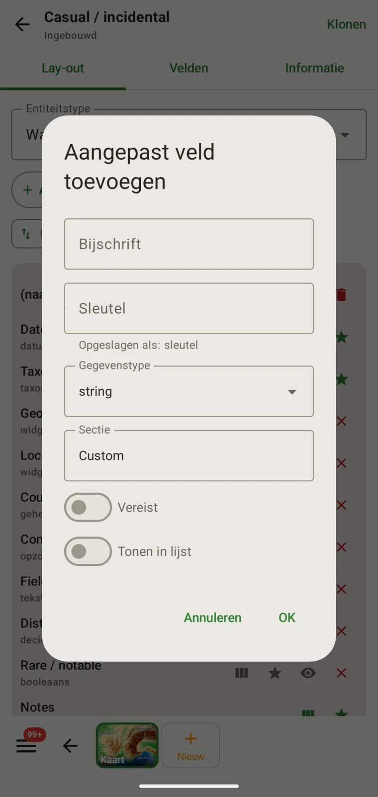 Add custom field dialog with Caption, Key, Data type, Section, Required and Show in list controls