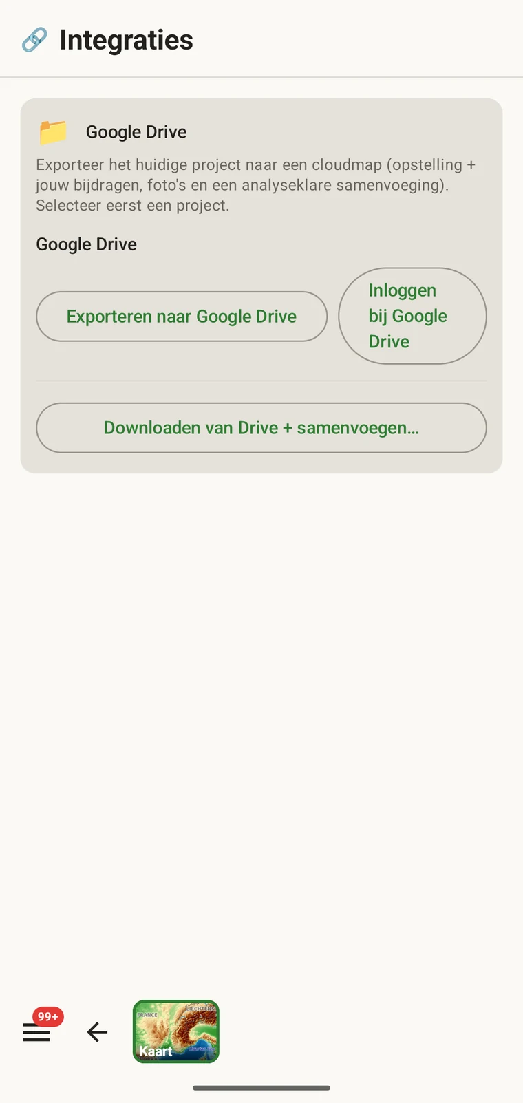 De Google Drive-kaart met haar drie knoppen: Exporteren naar Google Drive, Aanmelden bij Google Drive en Downloaden van Drive en samenvoegen