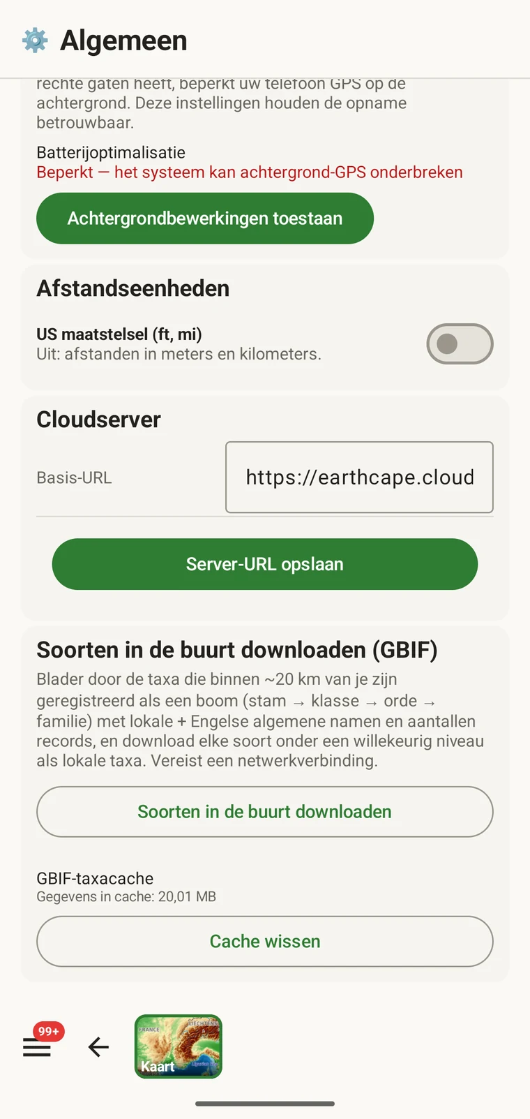 Download nearby species (GBIF) card under Menu → Admin → General