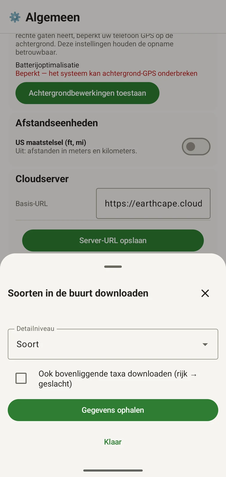 Download nearby species sheet with the Detail level control, the parent-taxa checkbox and the Get data button