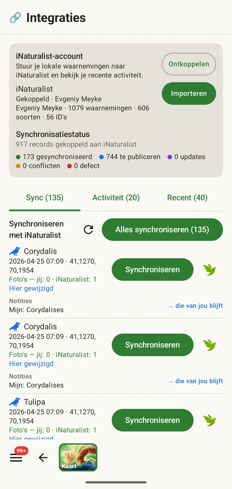 iNaturalist-activiteitenfeed met recente gebeurtenissen bij waarnemingen en determinaties