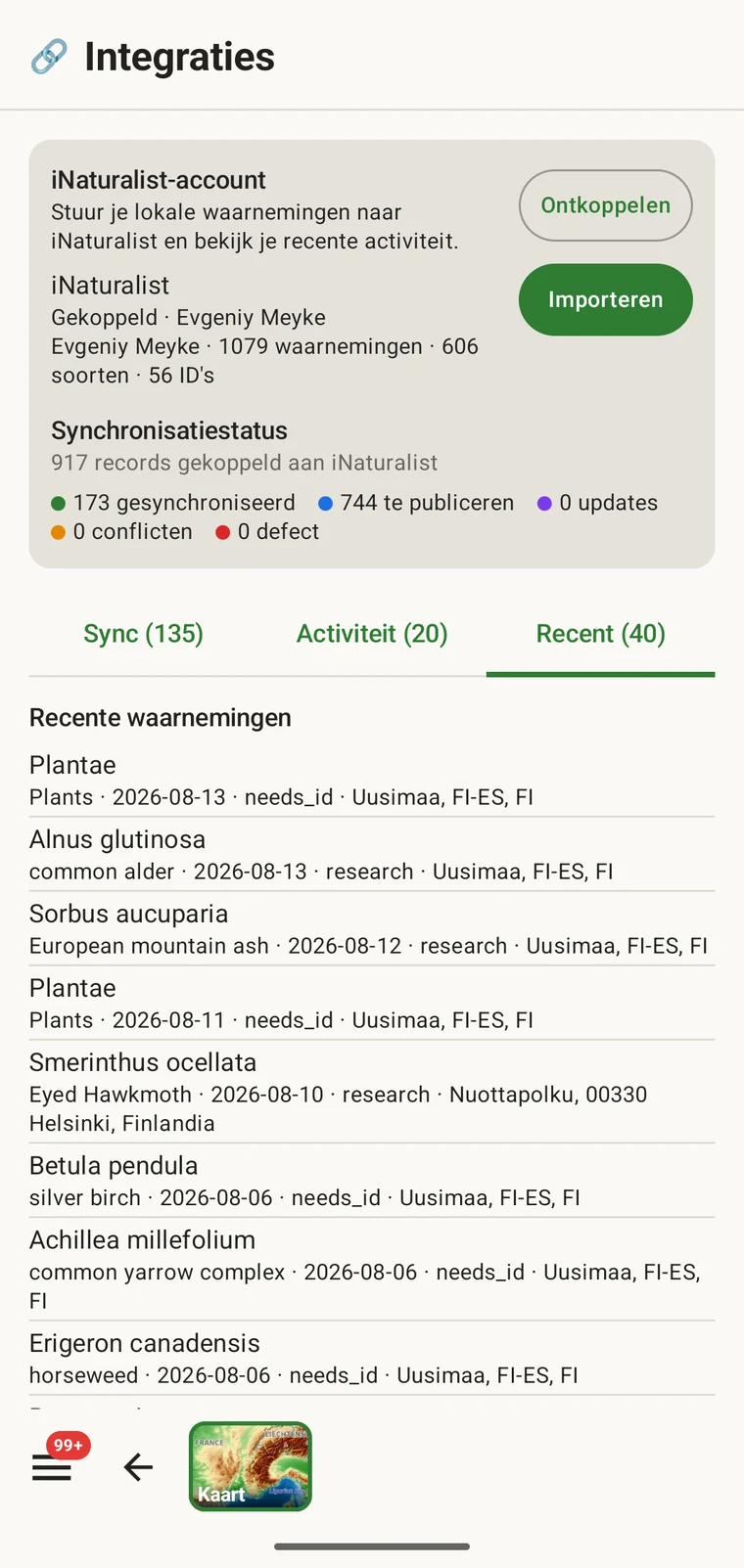 Lijst met recente iNaturalist-waarnemingen van het gekoppelde account