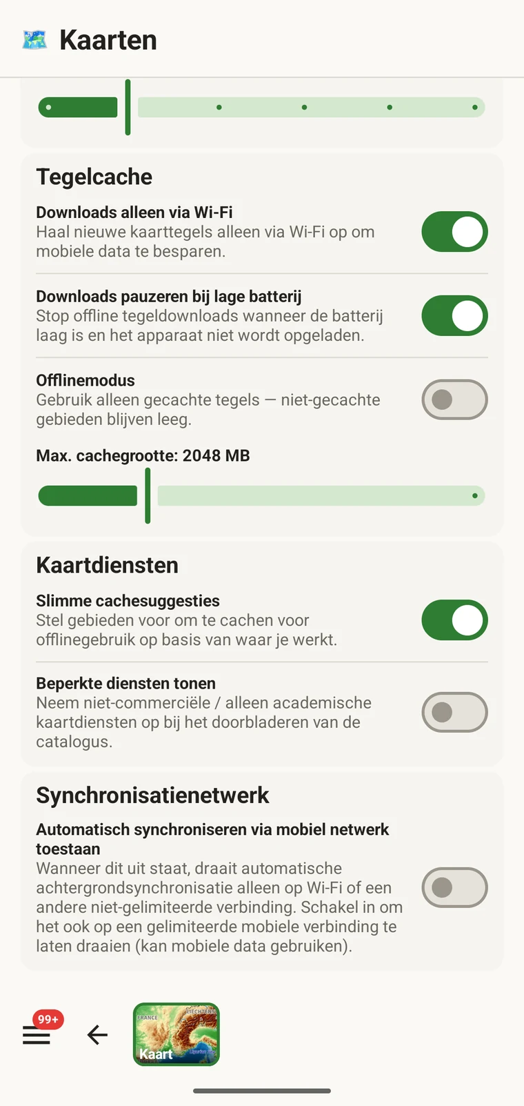 Lijst met opgeslagen offlineregio's met regionamen en omvang