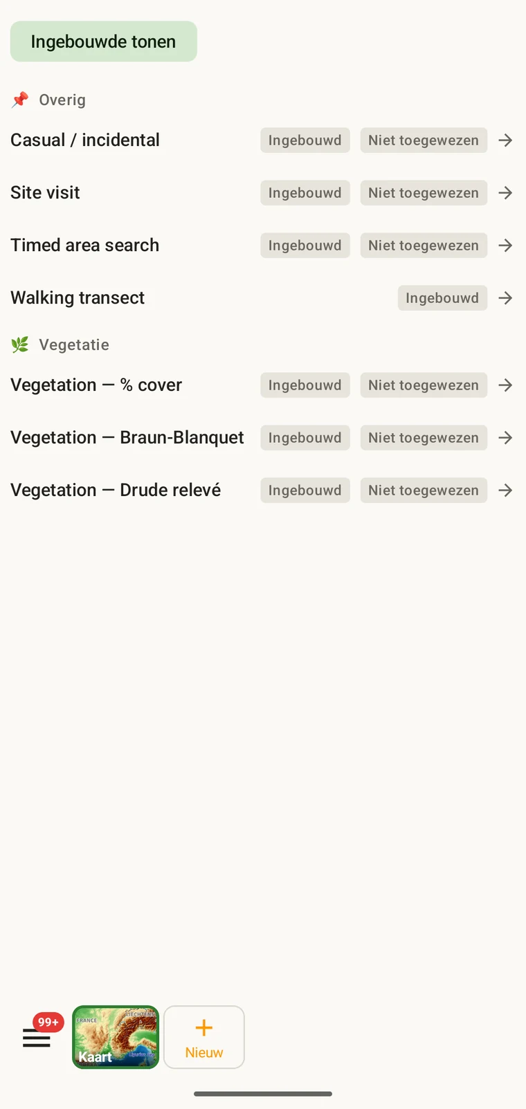 Protocollijst met de zeven protocollen die bij de app worden geleverd