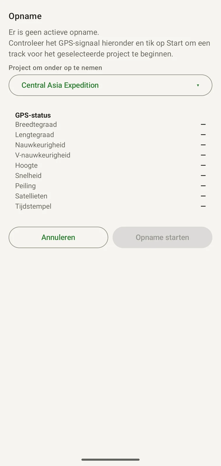 Registratiescherm met GPS-statusvelden en de knop Opname starten