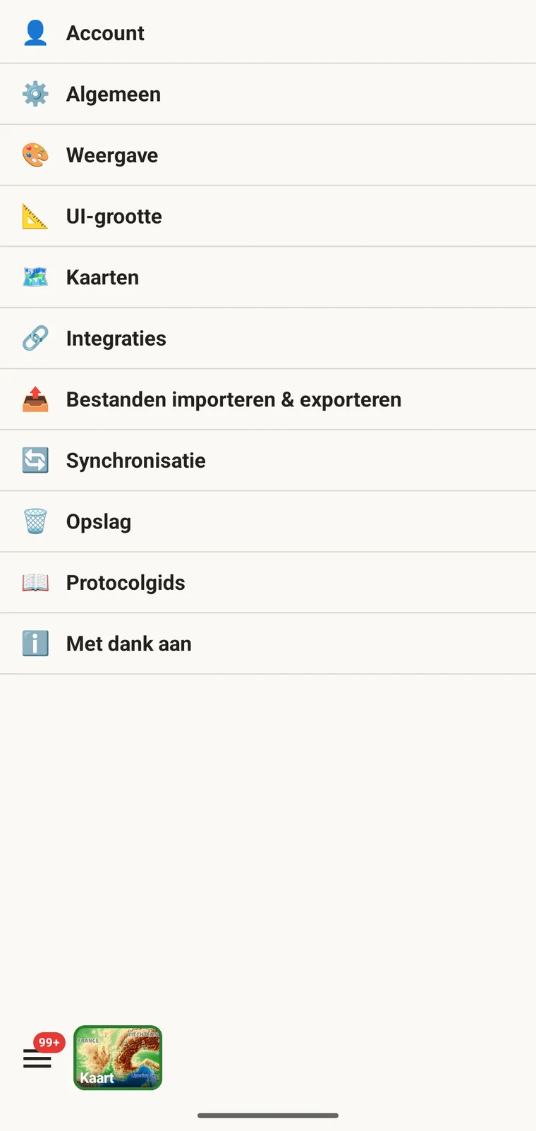 EarthCape-instellingenscherm met het item Taal