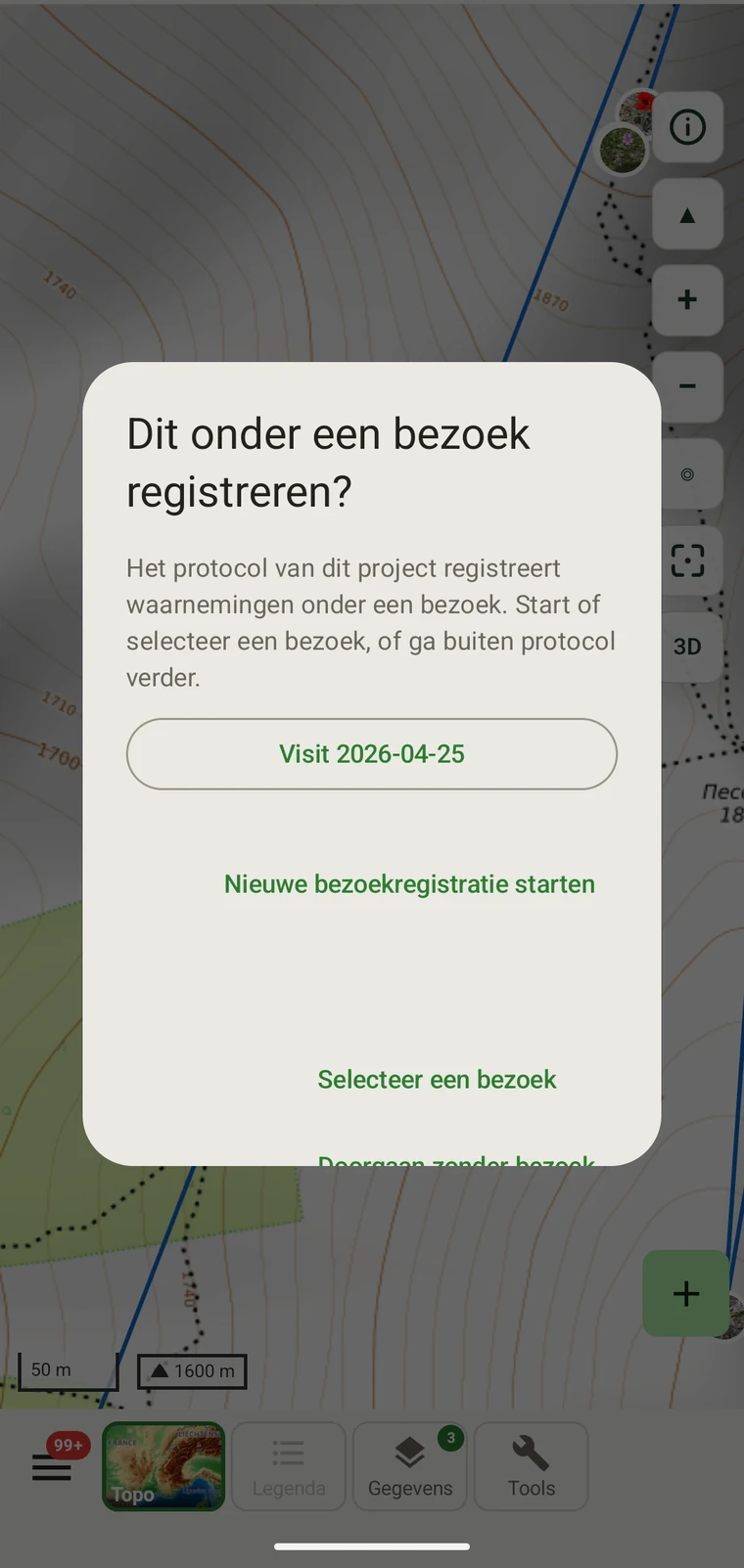 Bezoekkiezer met de beschikbare bezoeken en een knop Doorgaan zonder bezoek