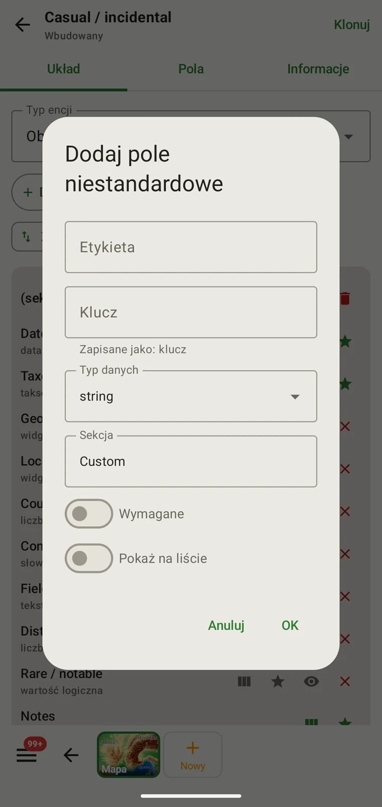 Add custom field dialog with Caption, Key, Data type, Section, Required and Show in list controls
