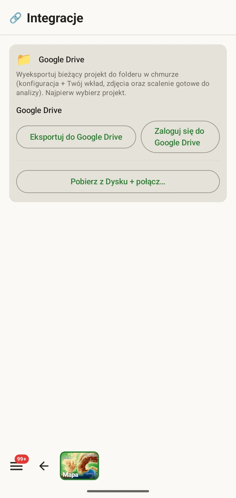 Google Drive card under Integrations with Export to Google Drive, Sign in to Google Drive and Download from Drive + merge buttons