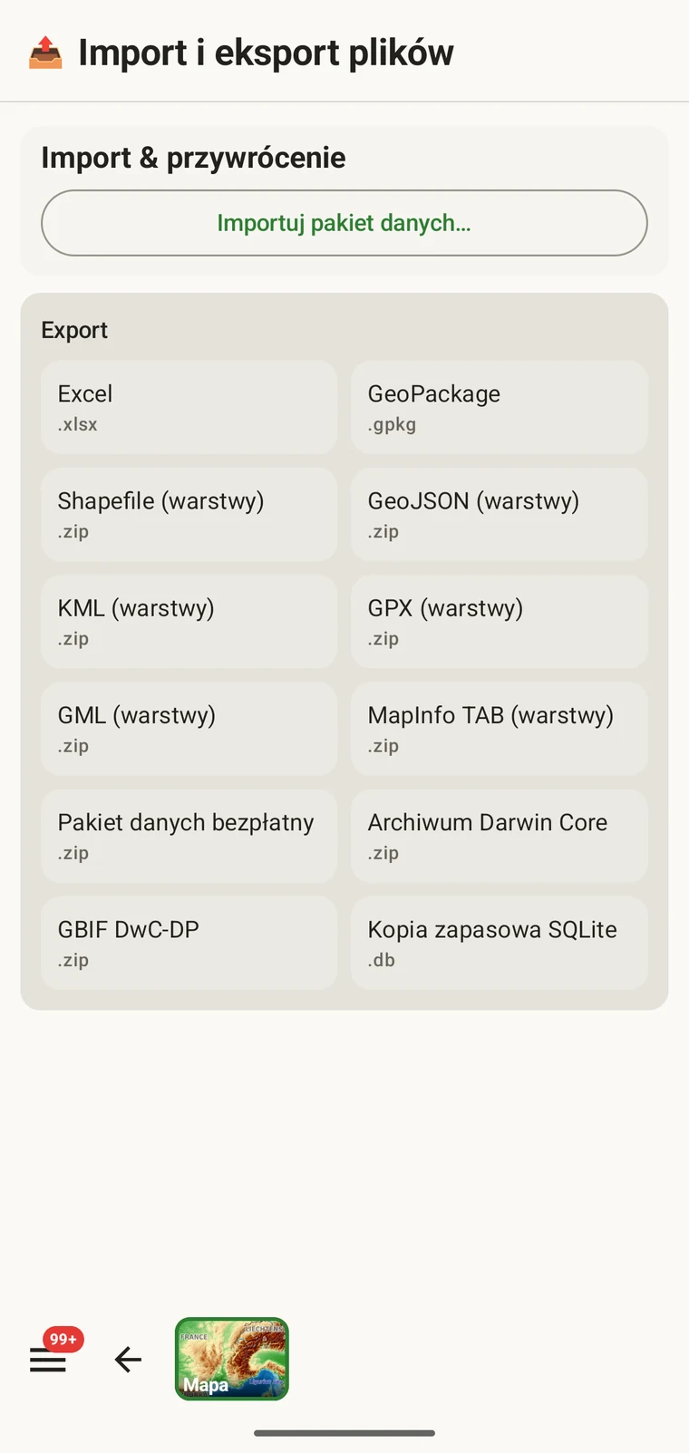 Ekran eksportu z sekcją importu i przywracania oraz siatką dwunastu formatów eksportu