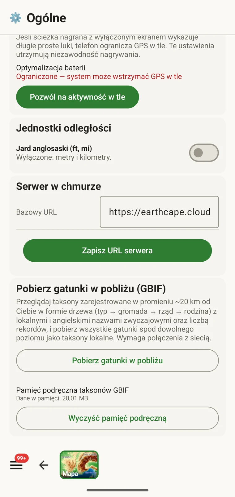 Download nearby species (GBIF) card under Menu → Admin → General