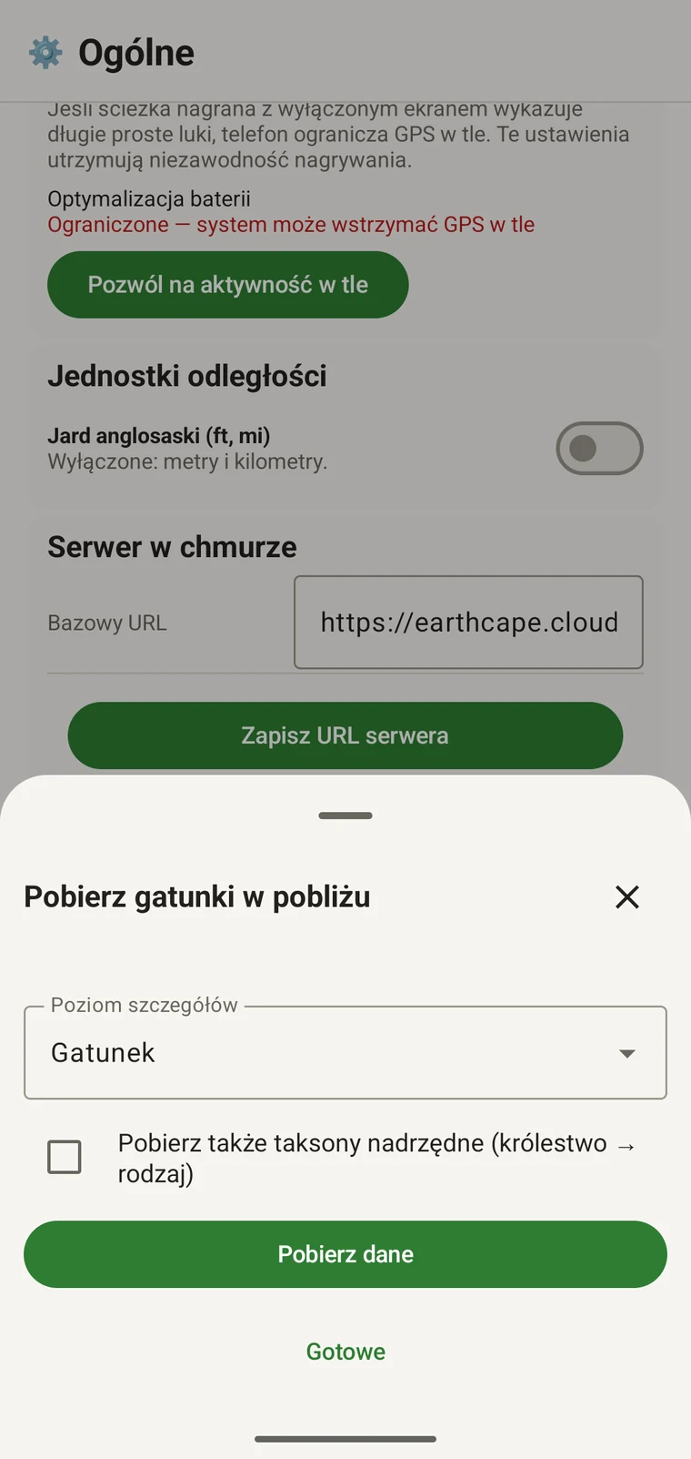 Download nearby species sheet with the Detail level control, the parent-taxa checkbox and the Get data button