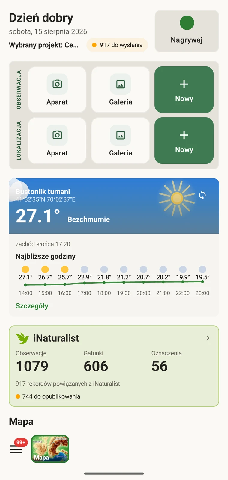 EarthCape home screen with the Record button, observation and locality quick actions and the weather card