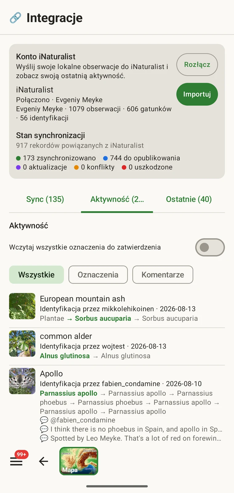 Kanał aktywności iNaturalist z ostatnimi zdarzeniami dotyczącymi obserwacji i oznaczeń