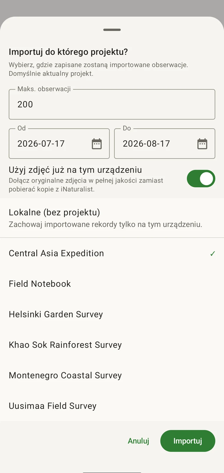 Arkusz importu z iNaturalist z maksymalną liczbą obserwacji, zakresem dat od i do, przełącznikiem źródła zdjęć oraz listą projektów, do których można importować