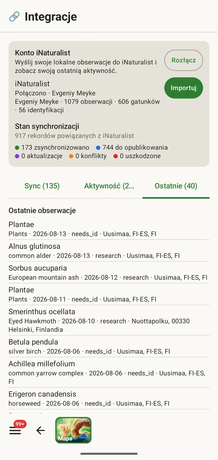 Lista ostatnich obserwacji z iNaturalist należących do połączonego konta