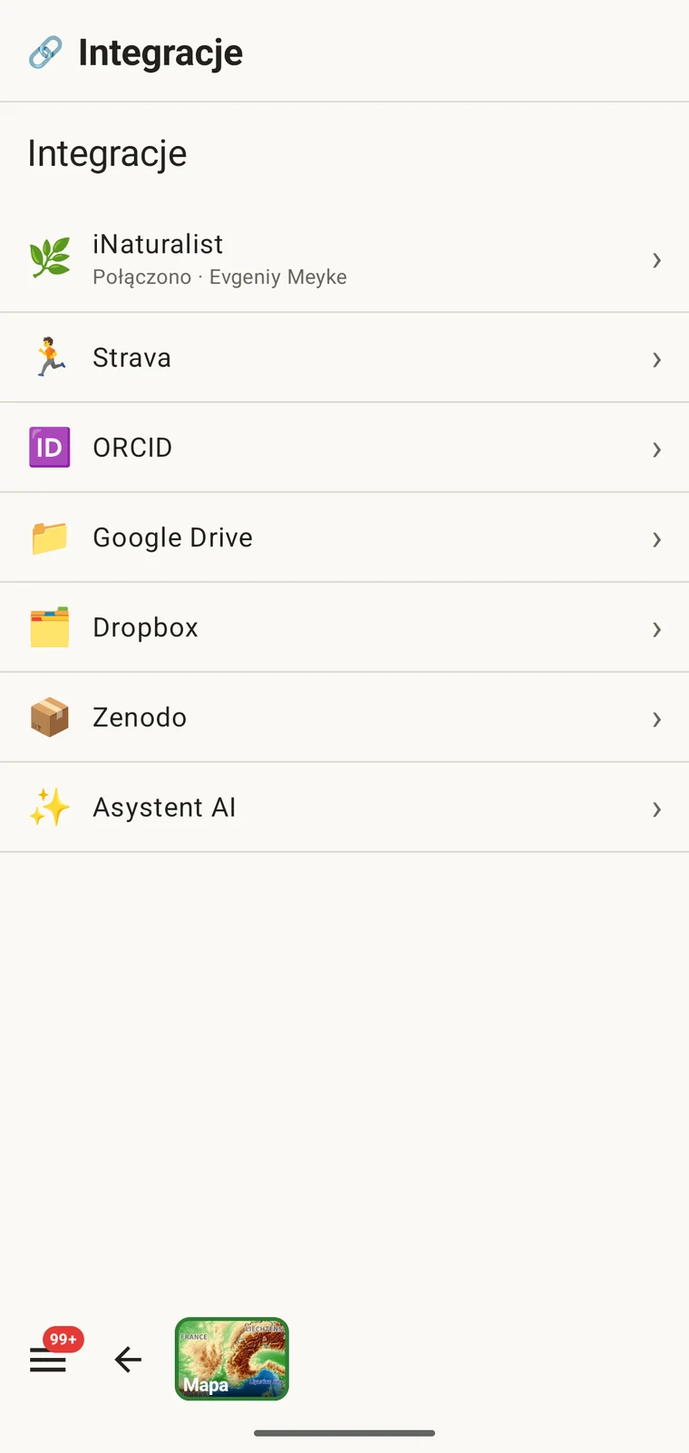 Ekran Integracje z listą iNaturalist, Strava, ORCID, Google Drive, Dropbox, Zenodo i asystent AI