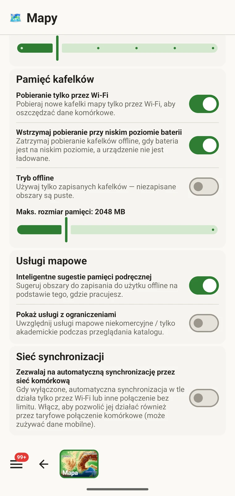 Lista zapisanych regionów offline z nazwami i rozmiarami regionów
