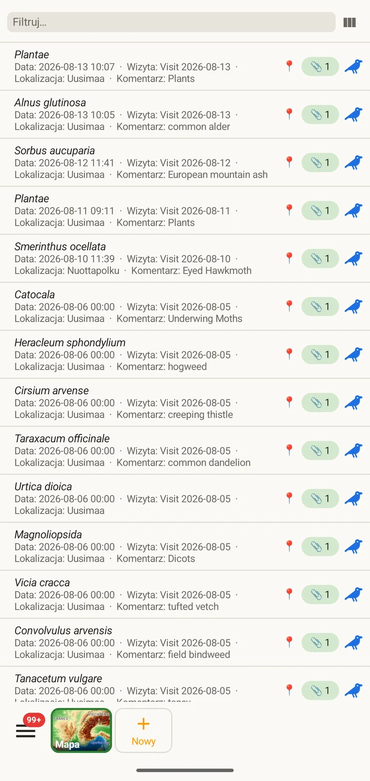 Lista obserwacji z wieloma rekordami oraz kolumnami taksonu, daty i innymi wybranymi