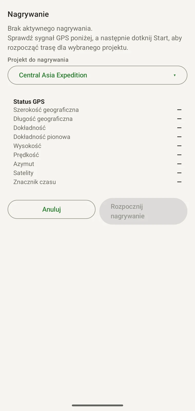 Ekran rejestracji z polami statusu GPS i przyciskiem Rozpocznij nagrywanie