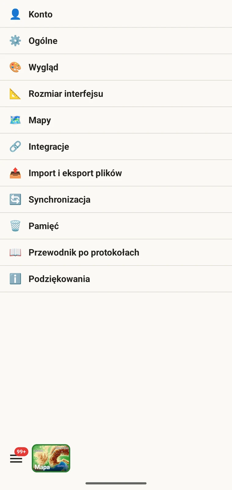 Ekran ustawień EarthCape z pozycją Język