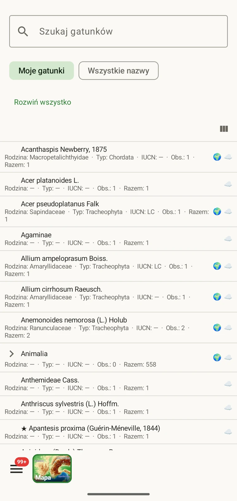 Lista taksonów z gatunkami zapisanymi w bieżącym projekcie