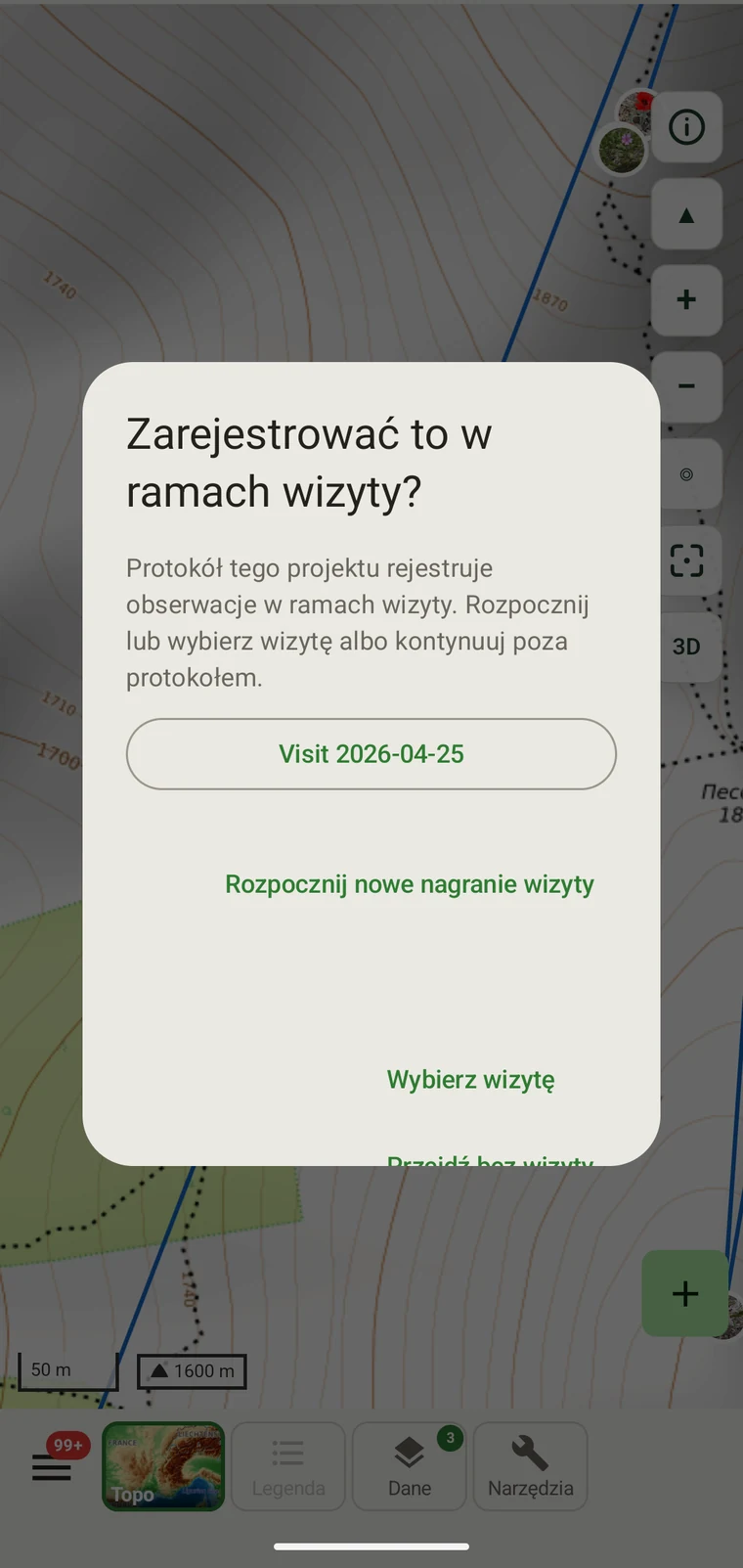 Wybór wizyty z dostępnymi wizytami i przyciskiem Kontynuuj bez wizyty