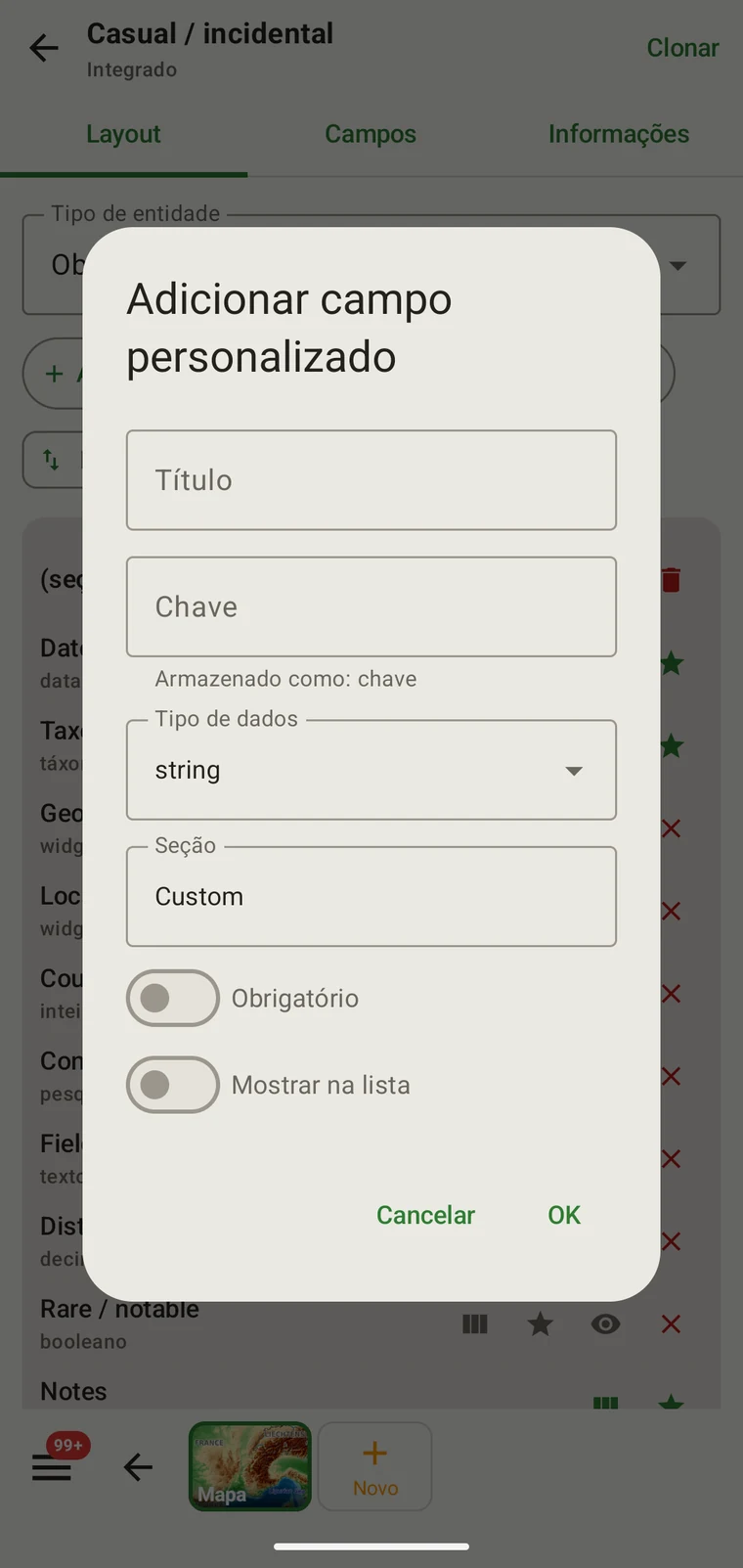 Add custom field dialog with Caption, Key, Data type, Section, Required and Show in list controls