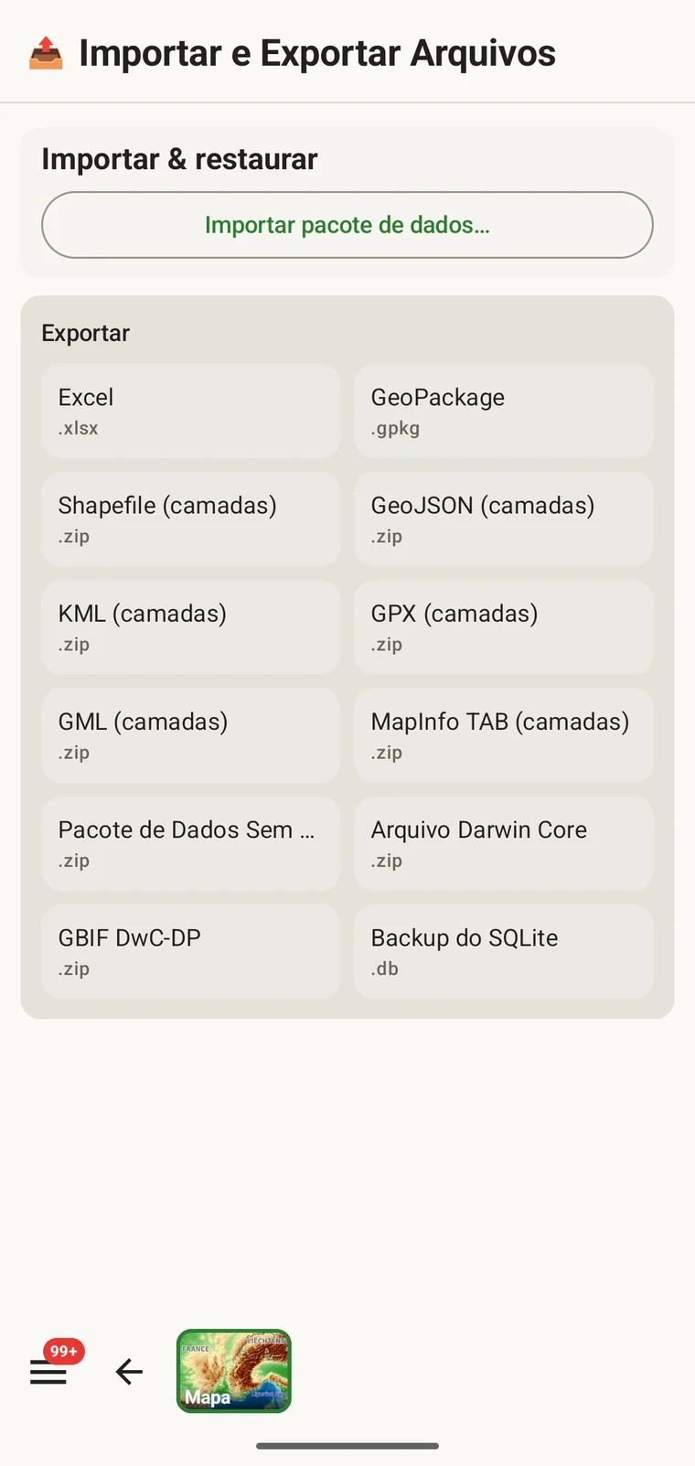 Tela de exportação mostrando a seção Importar e restaurar e a grade dos doze formatos de exportação