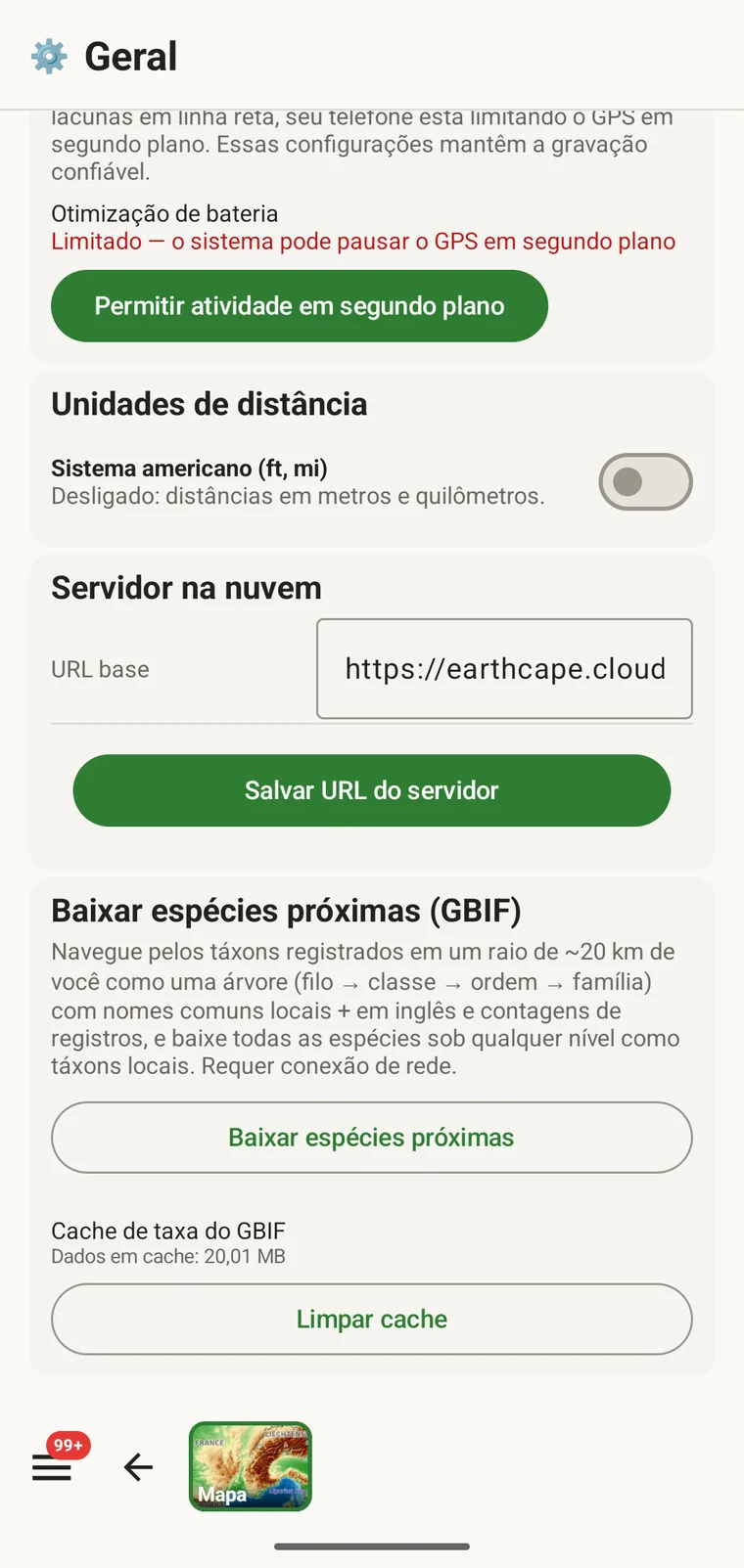 Download nearby species (GBIF) card under Menu → Admin → General