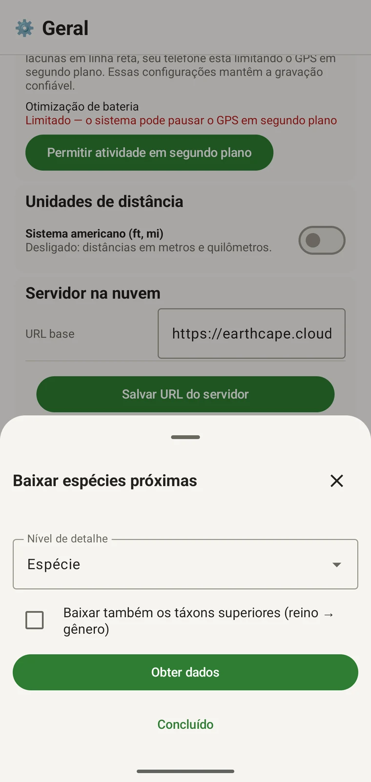 Download nearby species sheet with the Detail level control, the parent-taxa checkbox and the Get data button