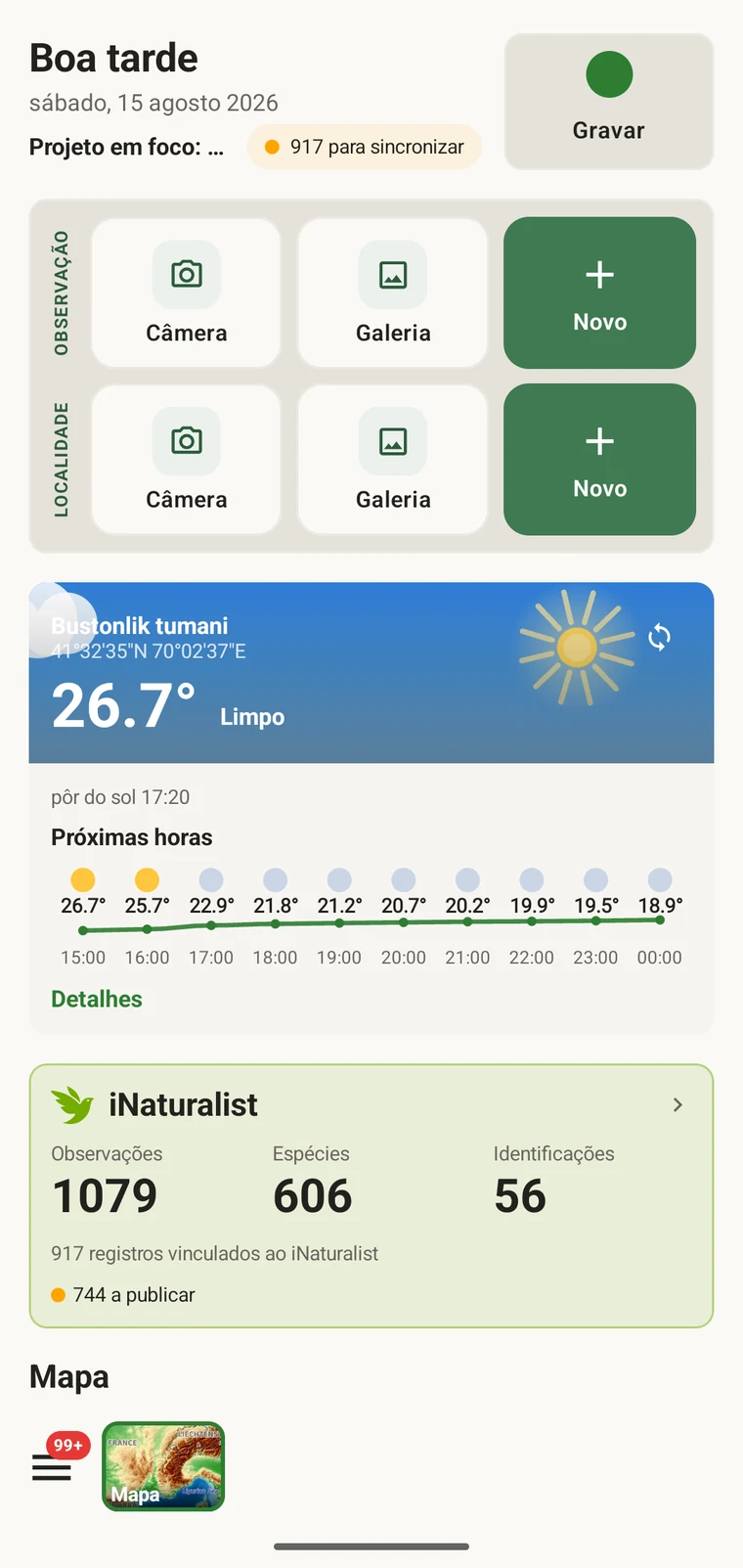 EarthCape home screen with the Record button, observation and locality quick actions and the weather card