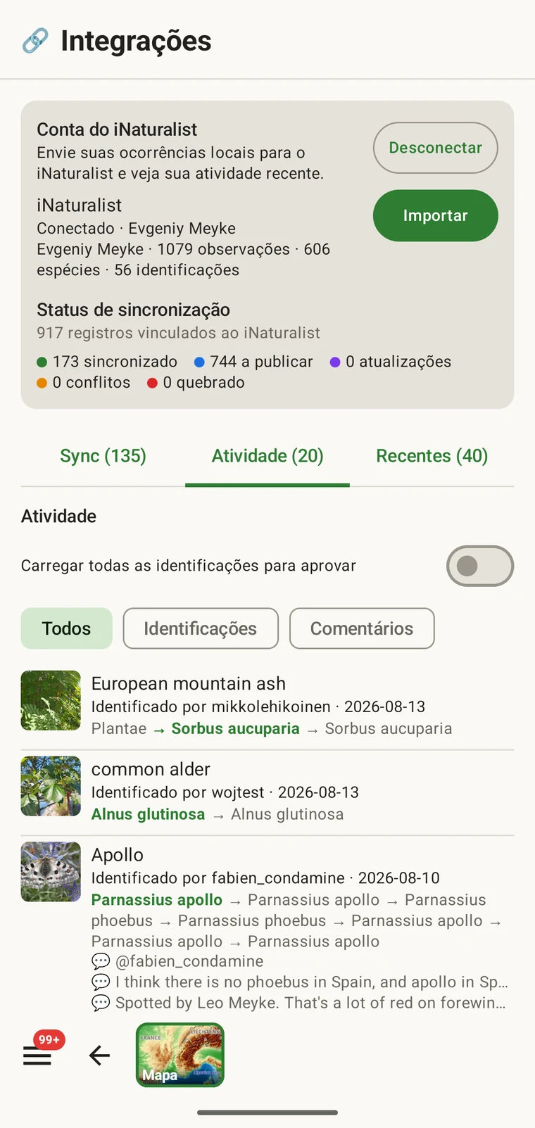 Feed de atividade do iNaturalist mostrando eventos recentes em observações e identificações