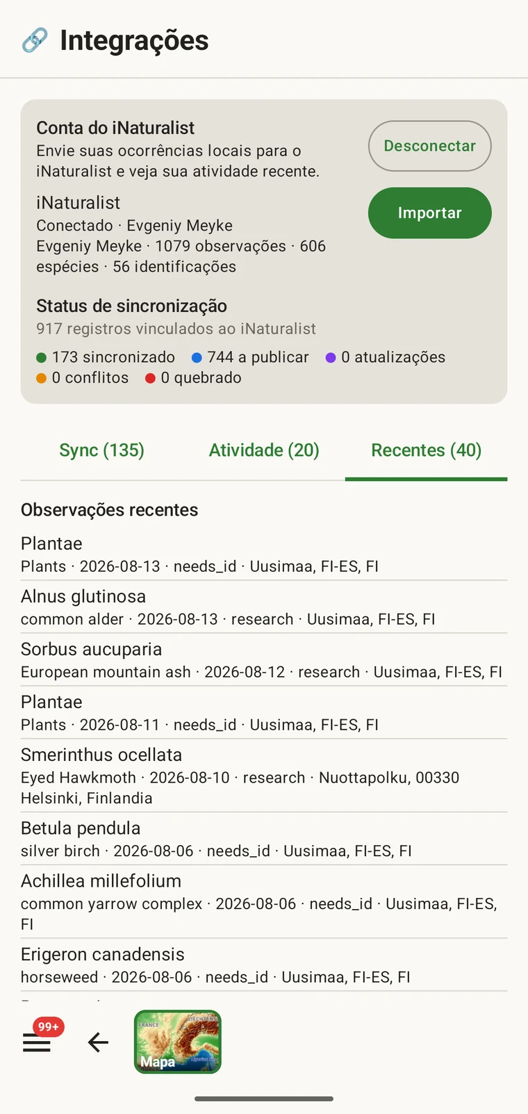 Lista de observações recentes do iNaturalist pertencentes à conta conectada