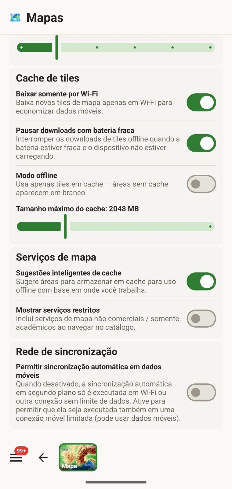 Lista de regiões offline armazenadas com nomes de região e tamanhos