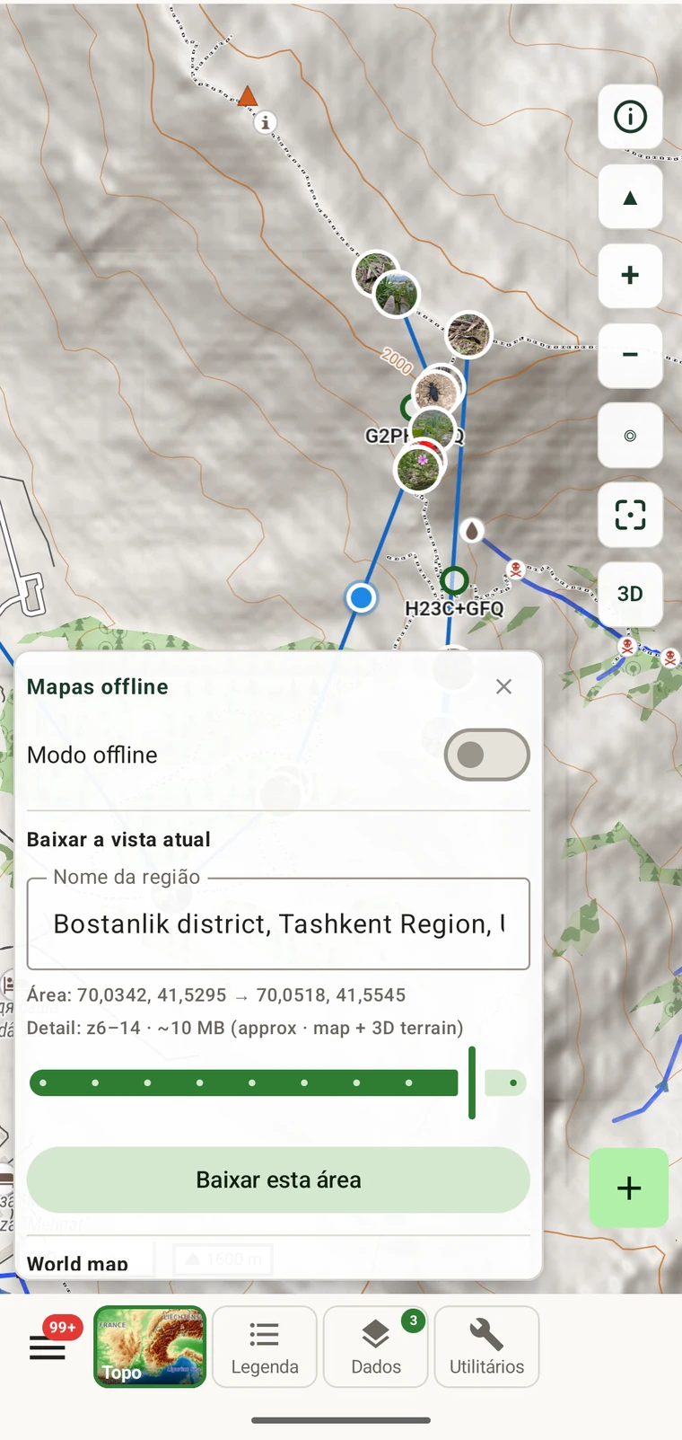 Painel de mapas offline com uma região nomeada pronta para baixar