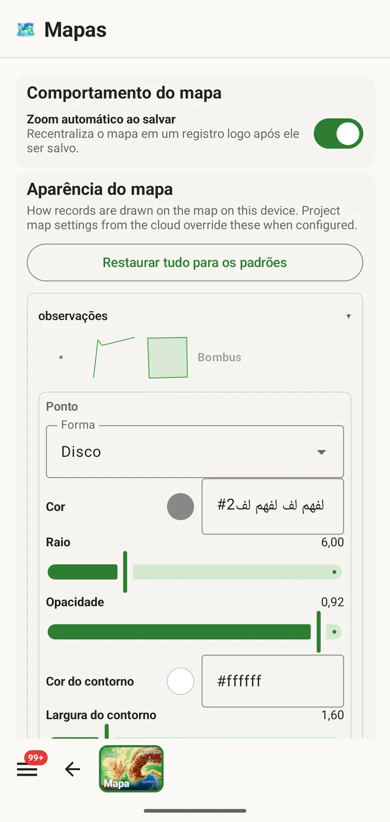 Configurações do mapa com forma, cor, raio, opacidade e contorno dos marcadores