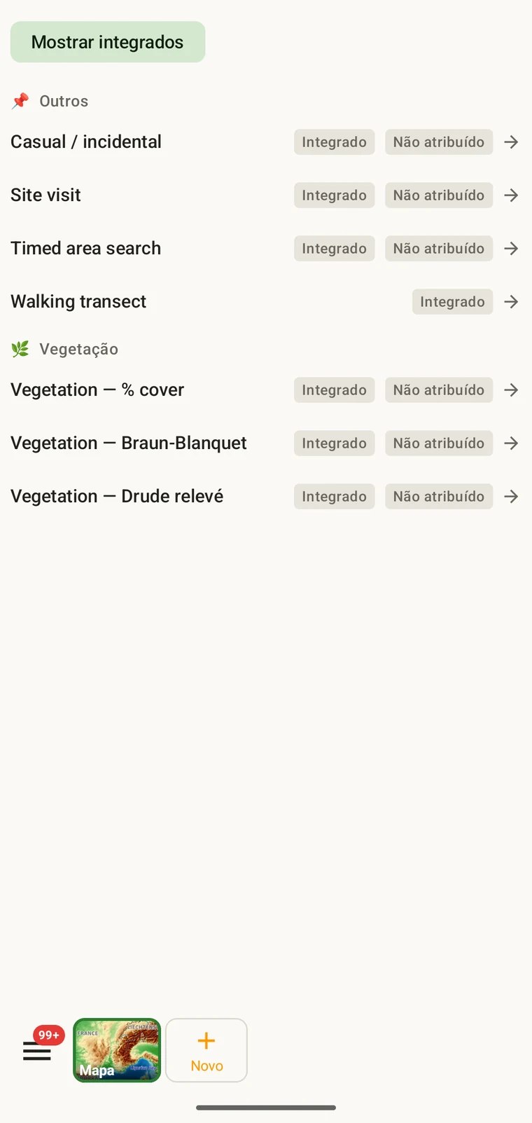 Lista de protocolos mostrando os sete protocolos incluídos no aplicativo