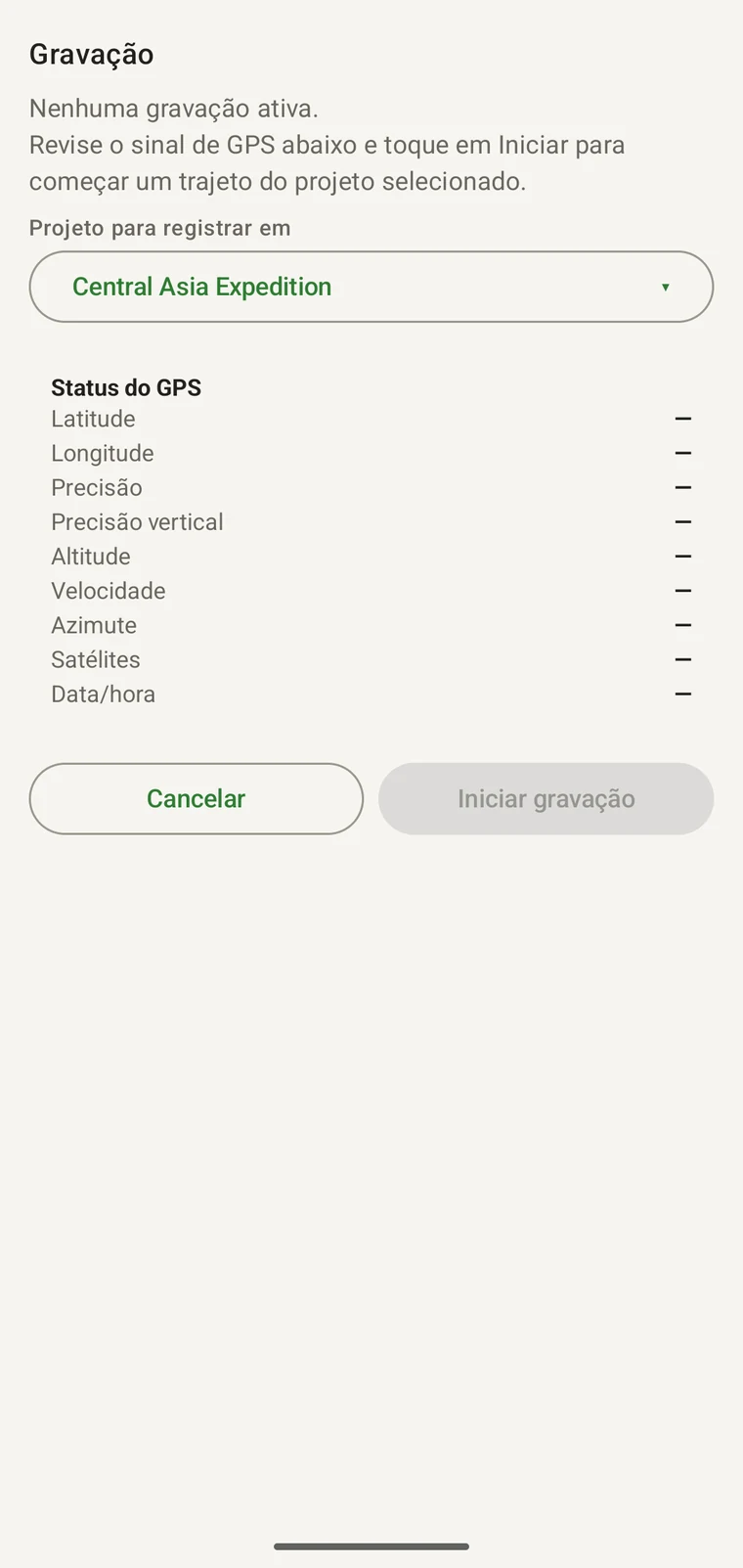 Tela de registro mostrando os campos de status do GPS e o botão Iniciar gravação