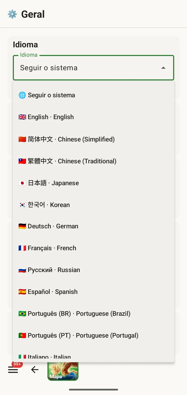 Seletor de idioma listando os idiomas disponíveis, cada um escrito em sua própria língua