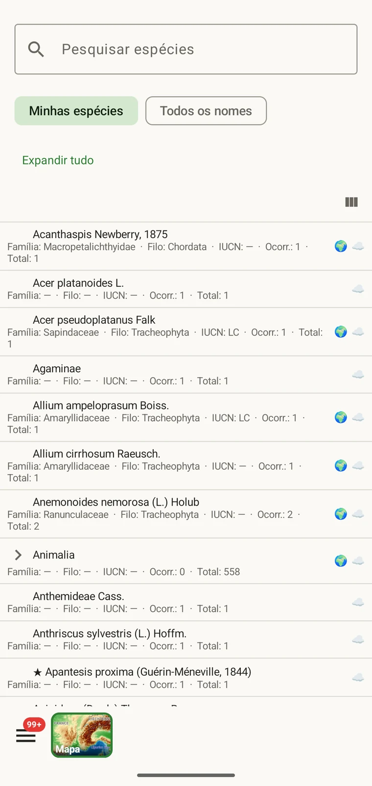 Lista de táxons mostrando as espécies registradas no projeto atual