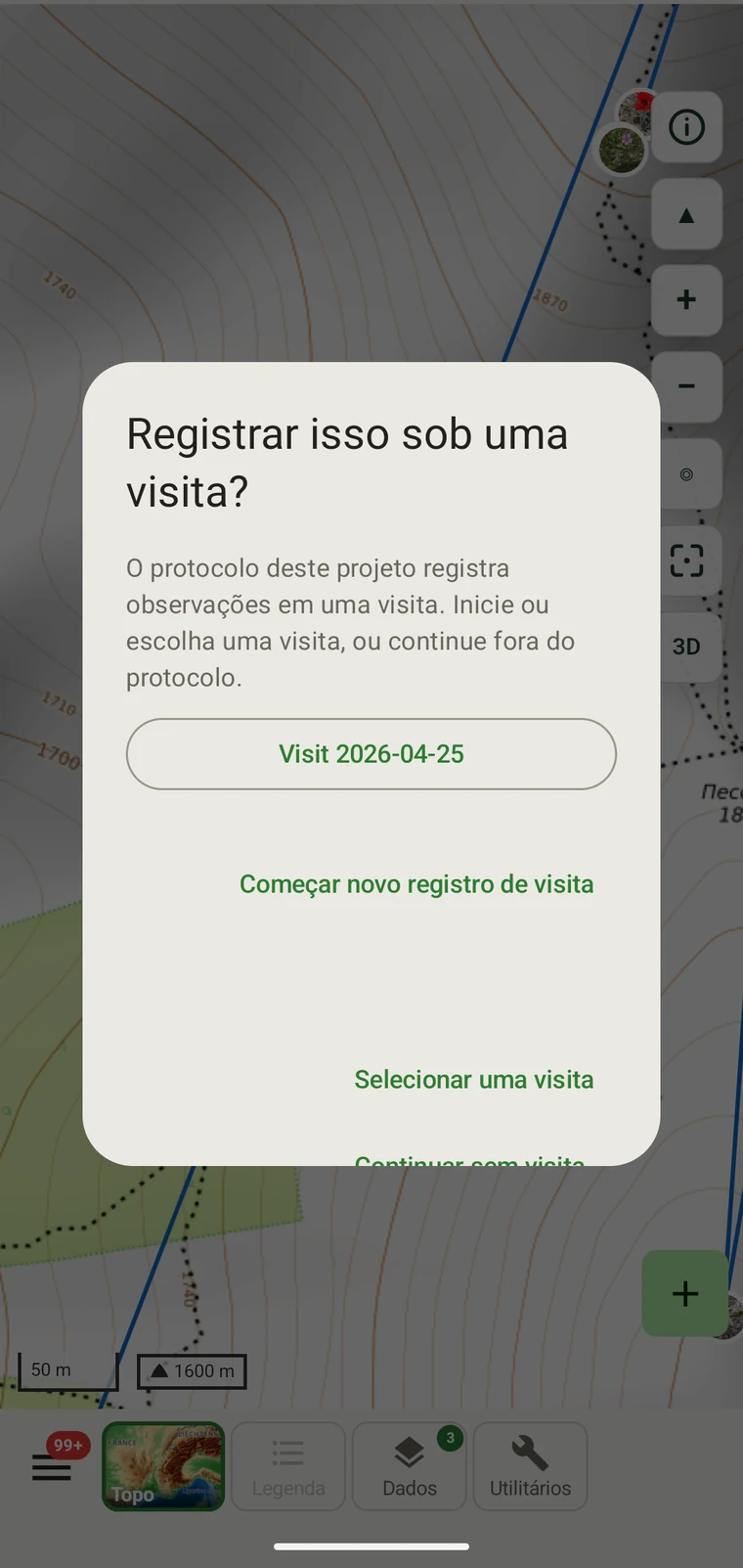 Seletor de visita mostrando as visitas disponíveis e um botão Prosseguir sem visita